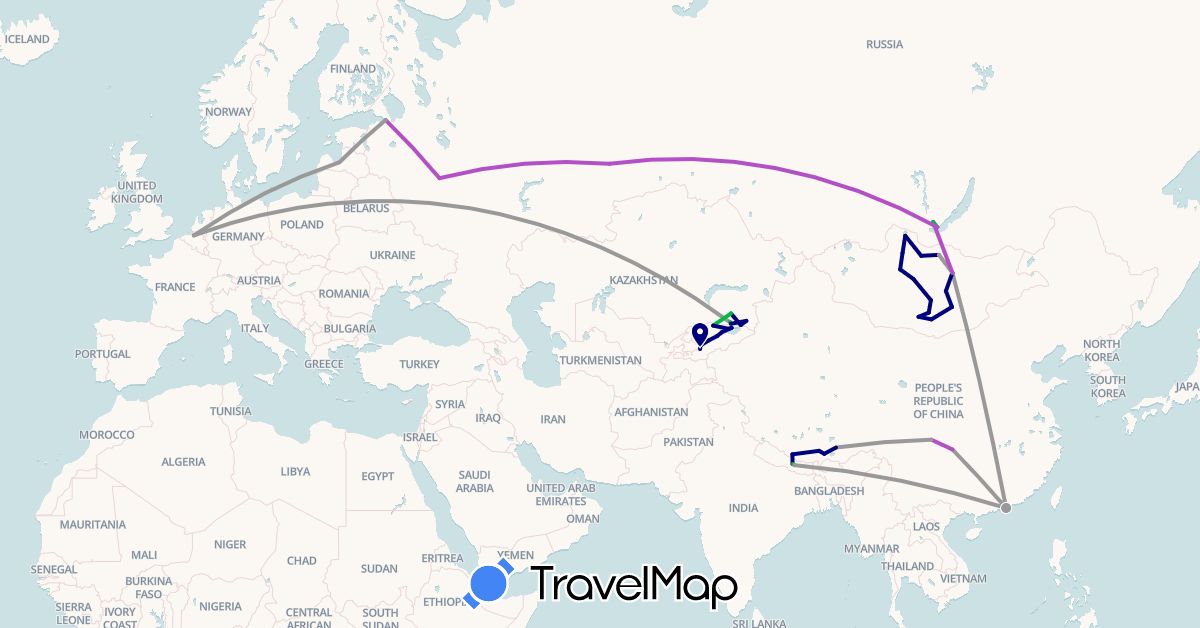 TravelMap itinerary: driving, bus, plane, train, motorbike in Belgium, China, Hong Kong, Kyrgyzstan, Kazakhstan, Latvia, Mongolia, Nepal, Russia (Asia, Europe)
